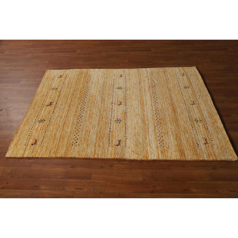 Hand Knotted Oriental 100% Wool Carpet Tribal Animal Pictorial Yellow & Gold Gabbeh Area Rug - 5' 8'' X 3' 11''