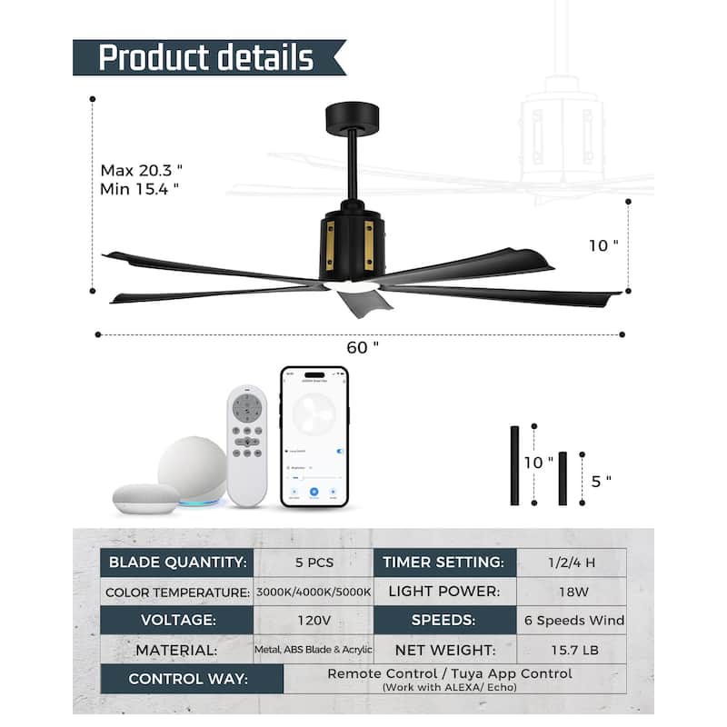 60 Inch 18W DC LED Ceiling Fan with Lights, 5-Blades, Remote Control and App and Alexa Google Voice Control