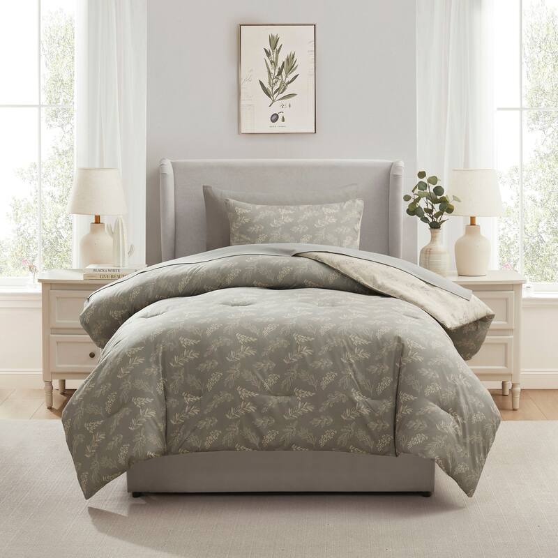 Empyrean 7 Pc Botanical Comforter Set with Sheets, Soft Breathable Lightweight Bedding Bag - Lunar Grey/Pale Champagne - Twin