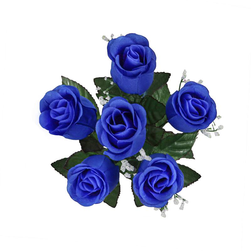 Set of 12 Royal Blue Artificial Rose Bud Flower Stem Bush Bouquet 14in - 14" L x 6" W x 6" DP