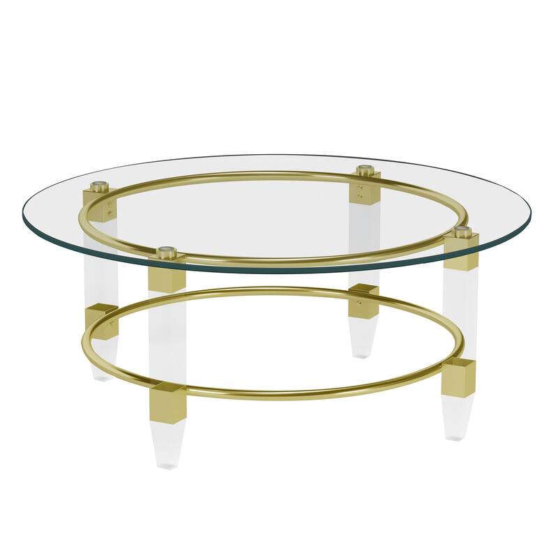Somette Round Glass Cocktail Table with Acrylic Legs & Gold Plated Frame