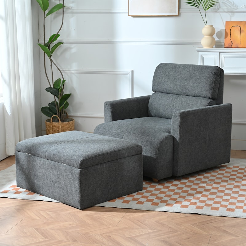 GDFStudio - Oversized 35" Accent Chair with Storage Ottoman - Dark Gray