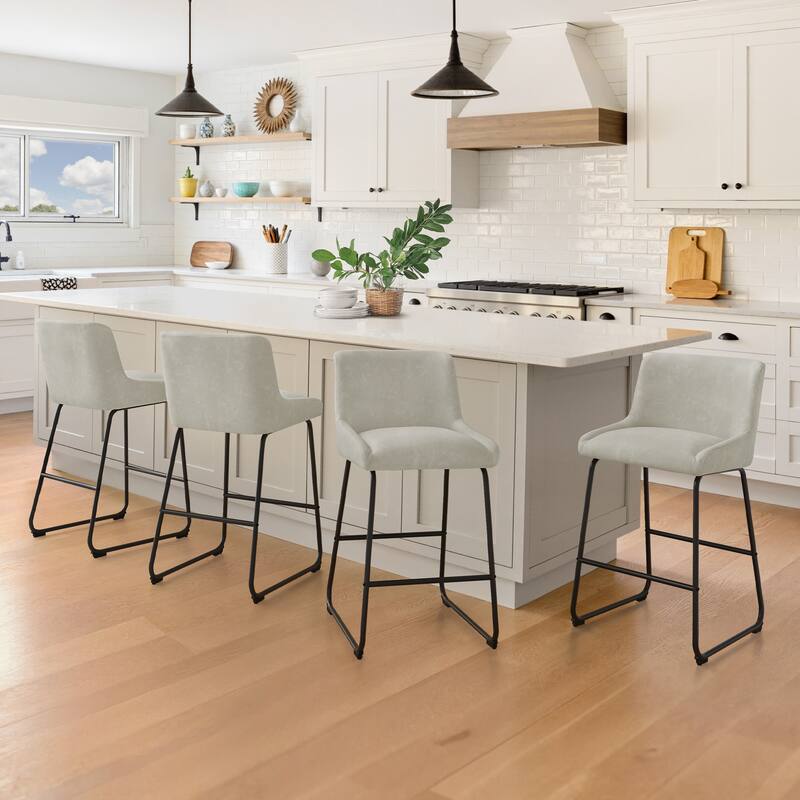 Counter Height Bar Stools with Metal Frame Upholstered Kitchen Island Stool in Faux Leather or Fabric - Light Beige Gray/Faux leather - Set of 4