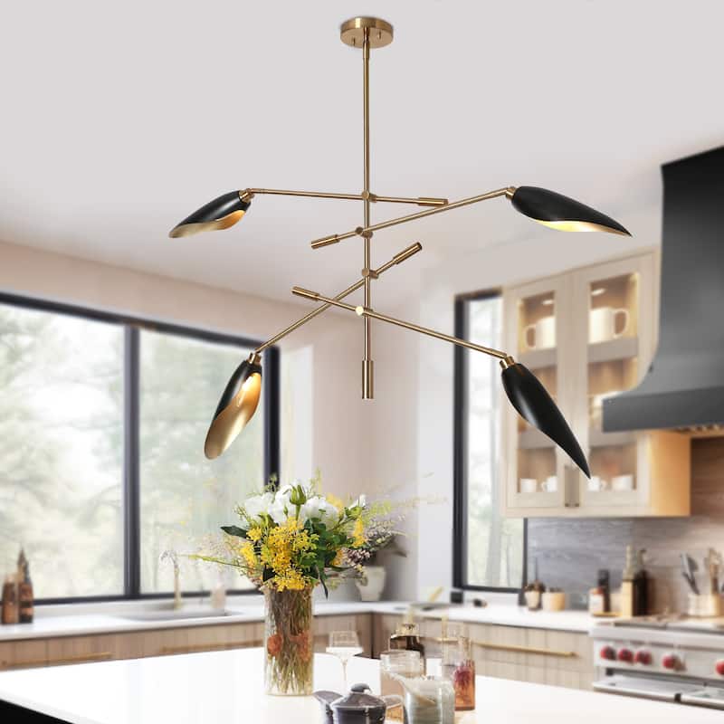 Modern 4-Light Black Gold Linear Chandelier Metal Pendant Lights for Dining Room - 48 X 5.5 X 19.3
