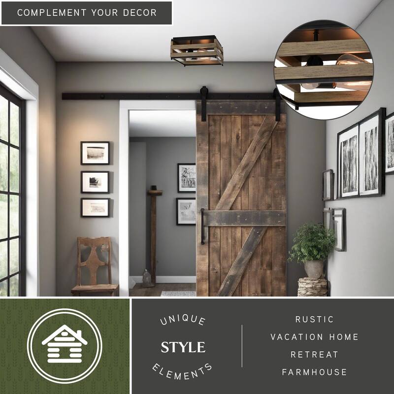 Ravenswood 13-in W Black and Wood Slat Square Farmhouse Flush Mount Ceiling Light Fixture - 13-in W x 6.75-in H x 13-in D