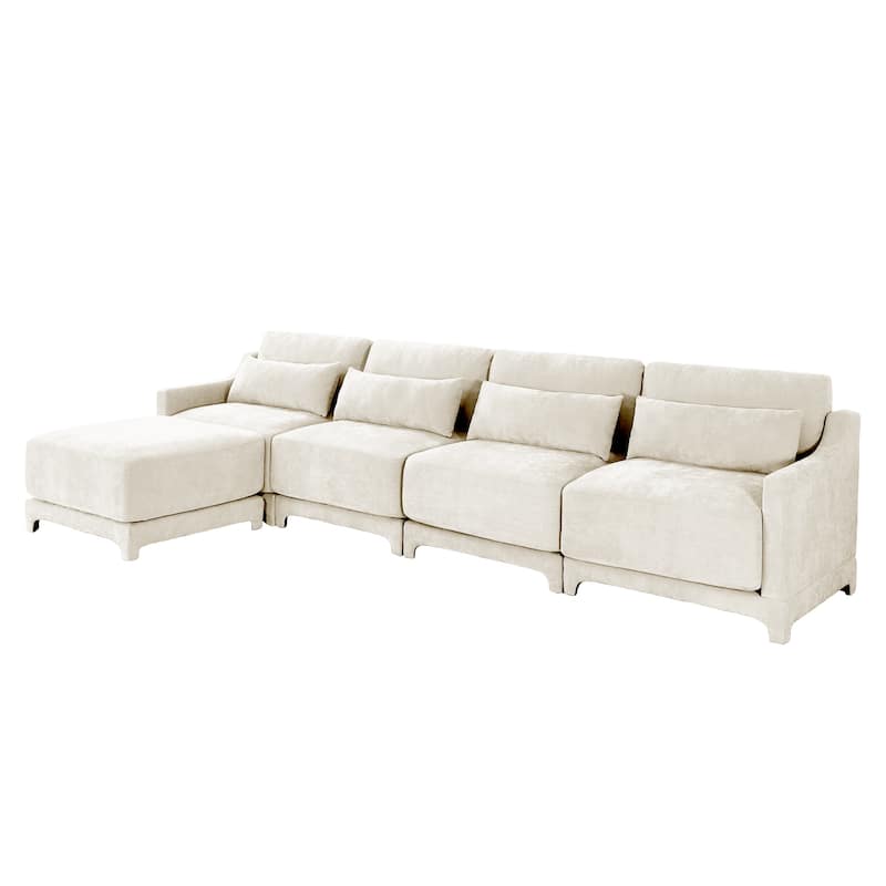 141.7" Chenille Modular 4-Seater Sofa with Movable Ottoman, High-Resilient Sponge, and Ergonomic Wooden Base