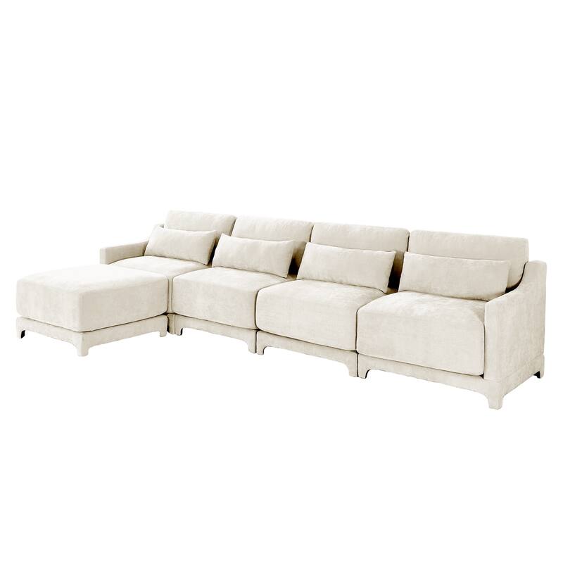 141.7" Chenille Modular 4-Seater Sofa with Ottoman & Ergonomic Wood Base
