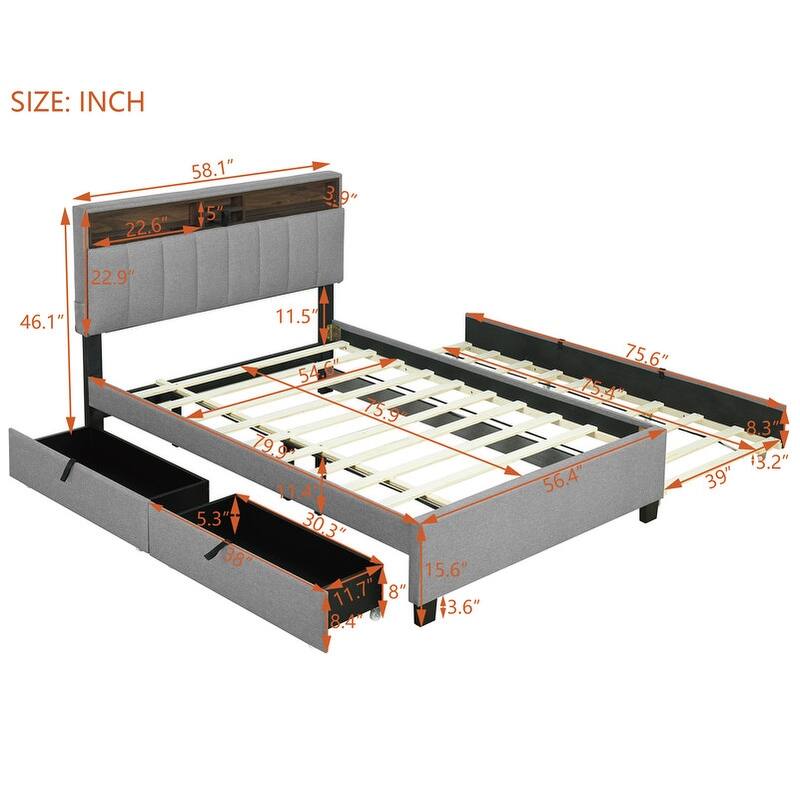 Full size Upholstered Platform Bed w/Storage Headboard, Trundle & 2 drawers,Sockets & USB Ports