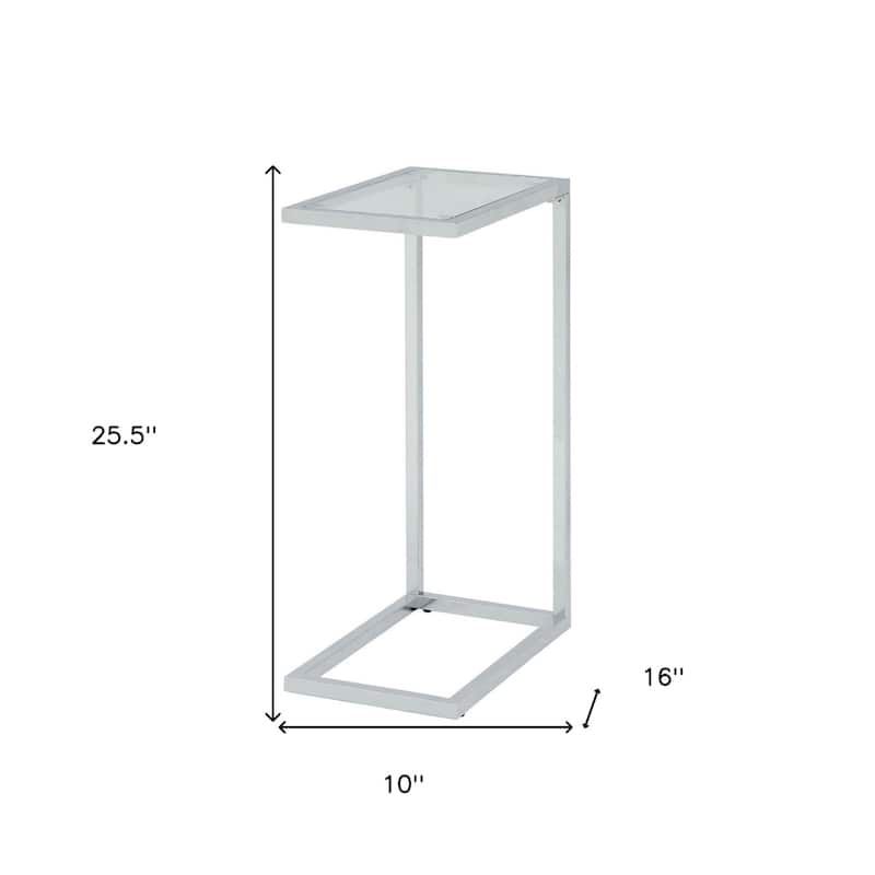 Silver Glass Top Steel End Table with White Sled Base and Modern Design - 16” x 10” x 25.5” (D x W x H)