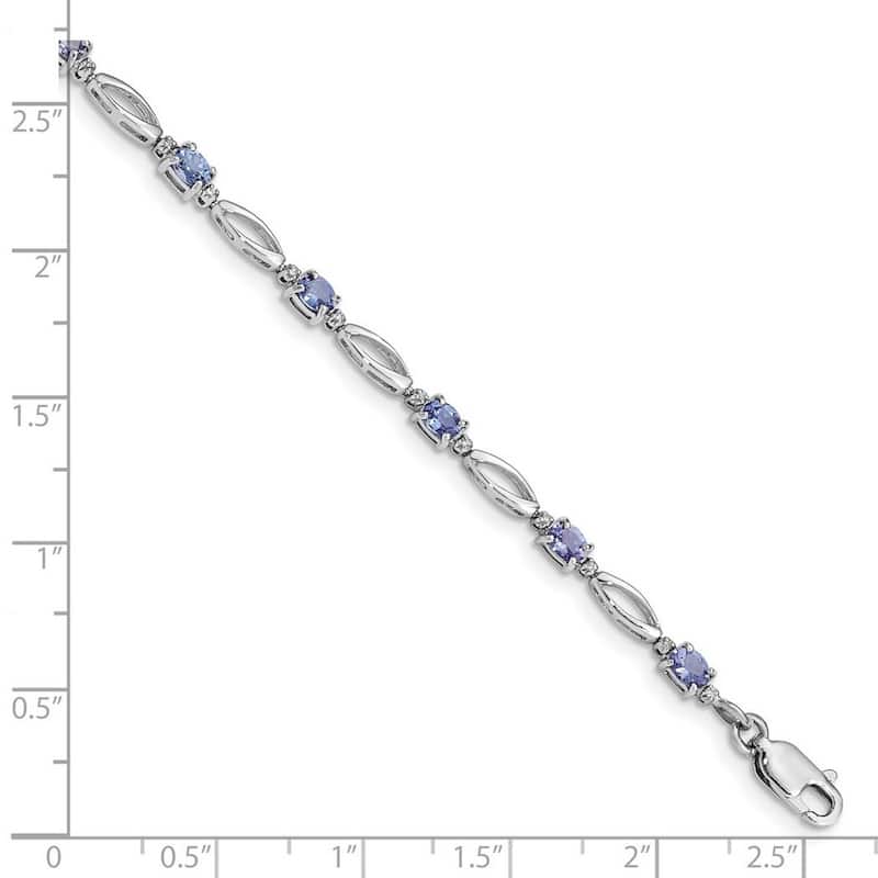 Curata 925 Sterling Silver Polished Lobster Claw Closure Rhodium Plated Diamond and Tanzanite Bracelet