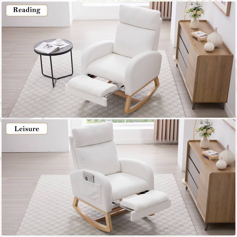 Teddy Fabric Leisure Rocking Chair,Nursery Rocking Chair With Adjustable Footstool,Thickened Headrest And High Backrest