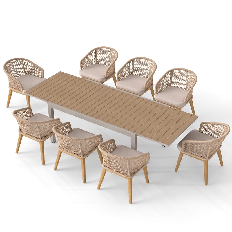Extendable Outdoor Dining Set with Woven Rope Back Chairs with Cushions and All-Weather Aluminum Patio Table