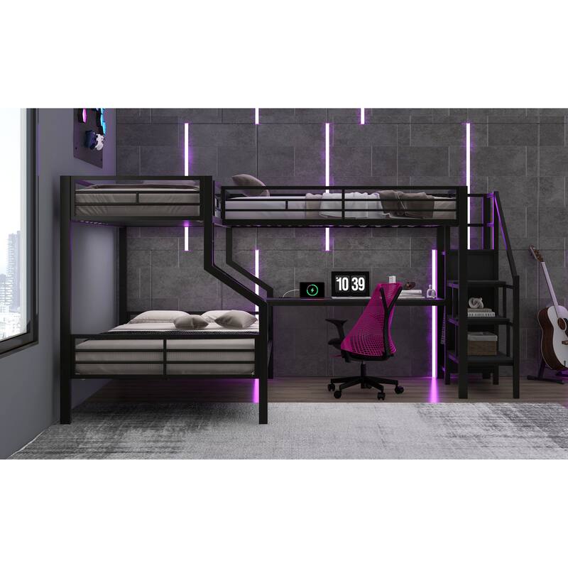Roomfitters Twin Over Full L-Shaped Metal Bunk Bed with Integrated Desk and Storage Stairs, Heavy Duty Loft Frame, Black