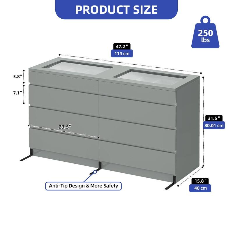 Moasis 8 Drawer Dresser with RGB Light,High Gloss Horizontal Storage Dresser