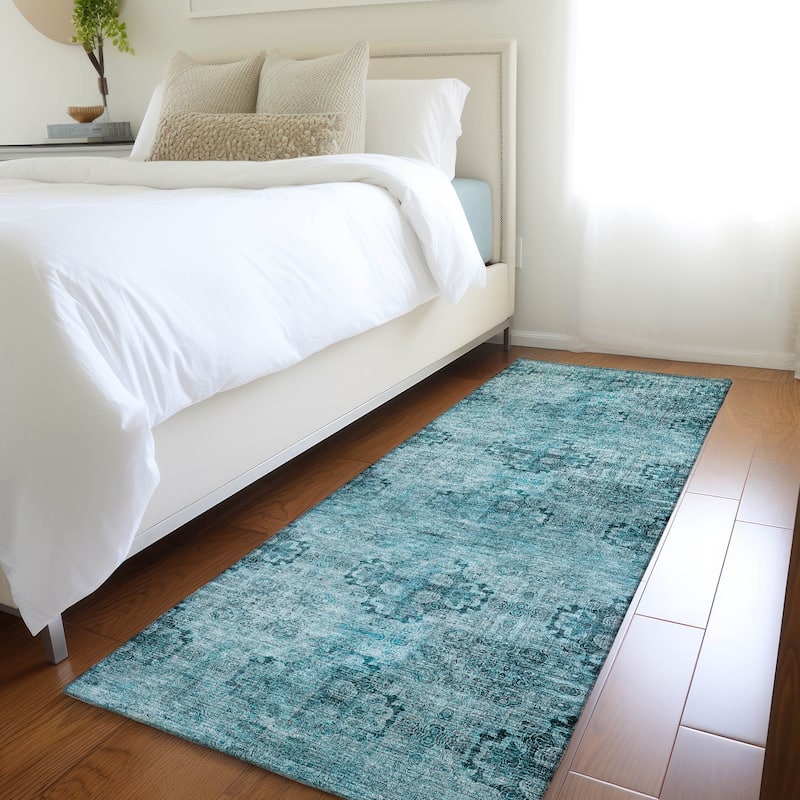 Machine Washable Indoor/ Outdoor Vintage Medallions Chantille Rug - Teal - 2'3" x 7'6"