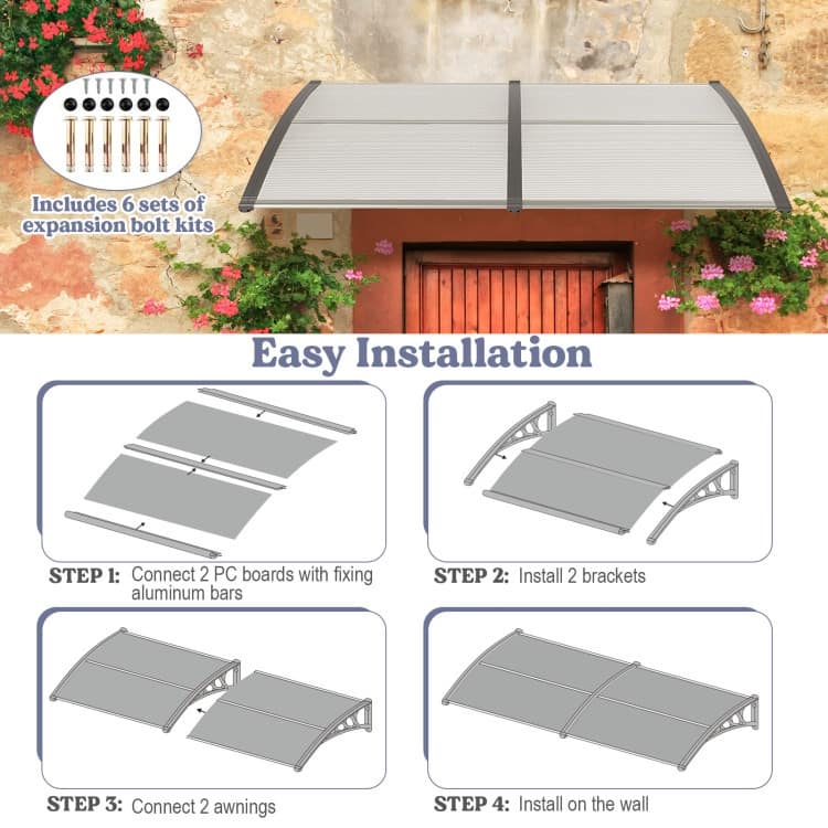 Outdoor Front Door Patio Overhang Awning for Sunlight Rain Snow Wind Protection-Gray - 48" x 40" x 11" (L x W x H)