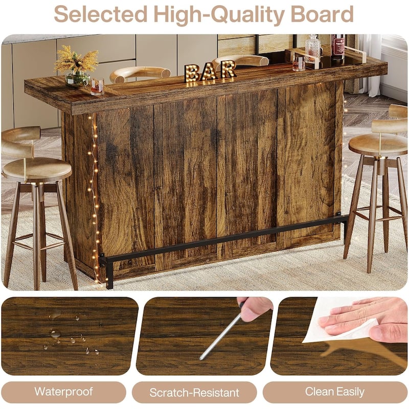 4-Tier Wooden Bar Table, 70.9" Large Home Bar Unit with Storage Shelves for Home, Patio, Basement