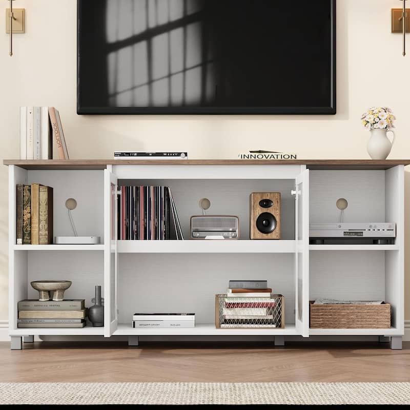 70 inch TV Stand with Frosted Glass Doors with Storage Shelves for Living Room - N/A