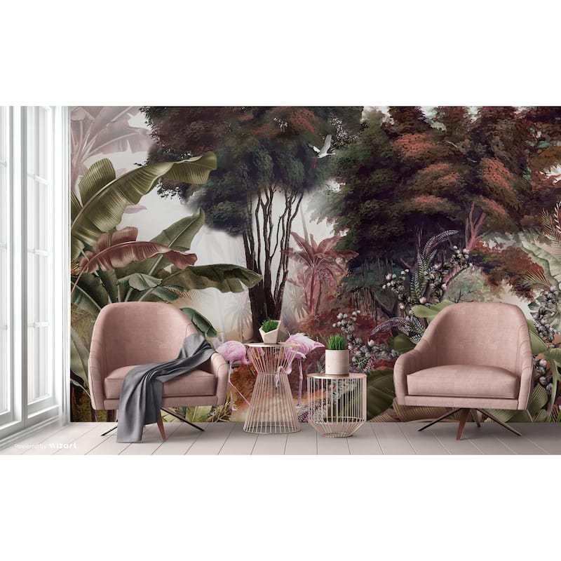 Exotic Jungle Mural Vibrant Flamingos and Tropical Foliage Design