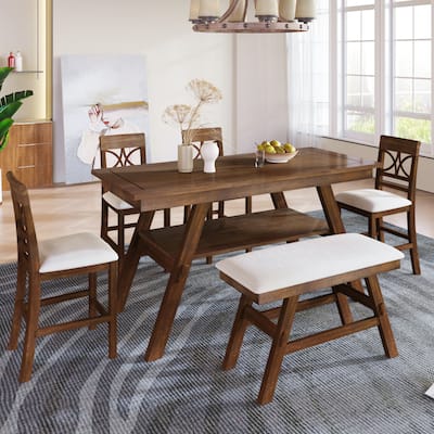 Rustic Style Wooden 6-Piece Dining Table Set with Storage Shelf, Bench and 4 Chairs