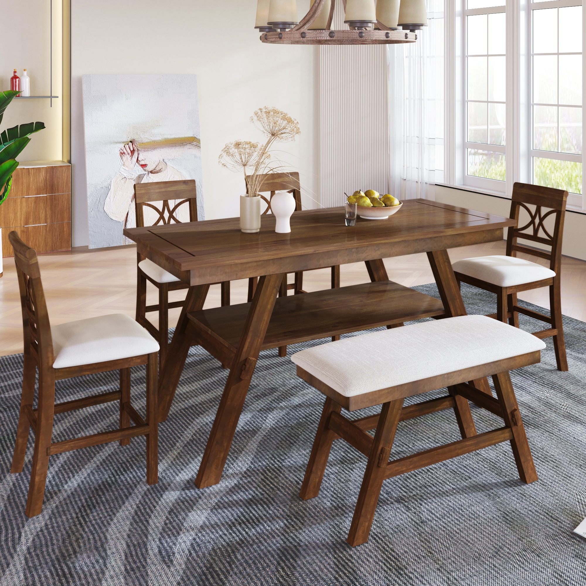 Wood Counter Height Dining Table Set with Storage Shelf, 6-Piece Kitchen Table Set with Bench and 4 Upholstered Chairs