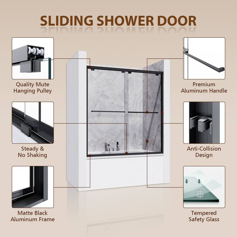 Elegant Double Sliding Shower Door with 1/4 inch Clear Tempered Glass in Matte Black Tub Door