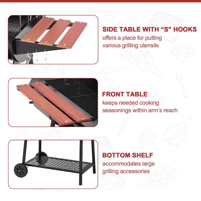 Royal Gourmet CC1830W Charcoal Grill with Offset Smoker,Wood-Painted Side Table and Front Table,Black