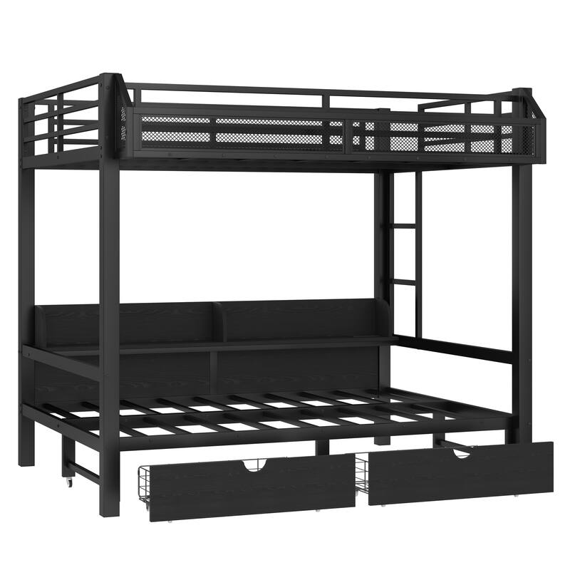 Loft Bed with Lower Sofa Convertible into Bed, Full Over Full Bunk Bed Frame with Drawers, Shelves, LED Lights and USB Ports