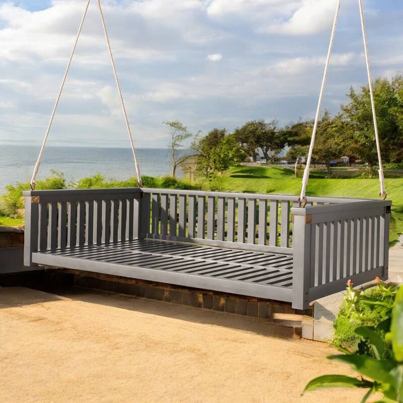 Premium Acacia Wood Patio Swing Bed with Ropes - Comfortable Outdoor Twin-Size Swing for Garden, Porch, or Backyard - Grey