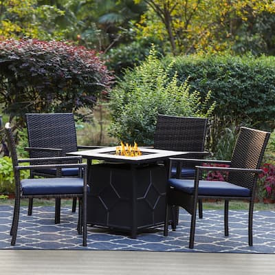 PHI VILLA 5-Piece Gas Fire Pit Table Set 28" TerraFab Gas Fire Table & 4 Rattan Cushioned Chairs