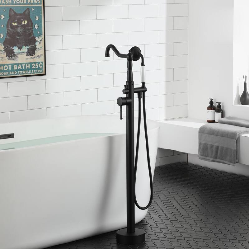 Freestanding Tub Filler Faucet with Handshower in Matte Black