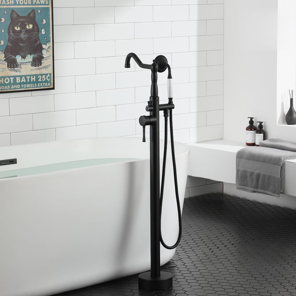 Freestanding Tub Filler Faucet with Handshower in Matte Black