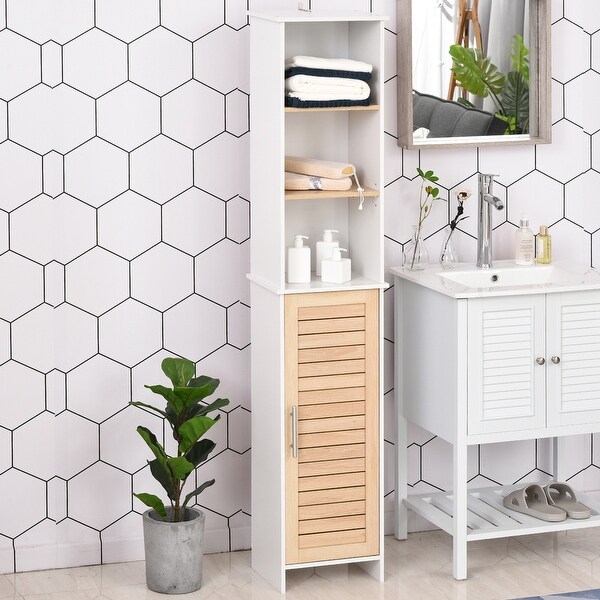 Kleankin Organizer Bathroom Tall Storage Cabinet W Door Tower Cupboard Open Shelves Freestanding Furniture Overstock 31688253
