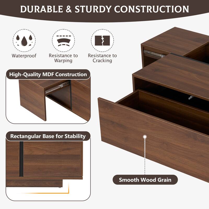 Rectangular Coffee Table, Sliding Top Coffee Table with 2 Drawers and 2 Hidden Storage, Living Room Cocktail Table