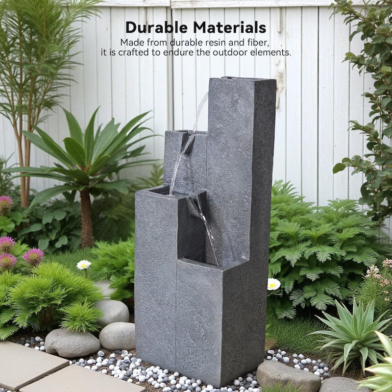 Vbal Modern Minimalist 4-Tier Outdoor Flowing Geometric Floor Fountain with 3 Warm LED Lights