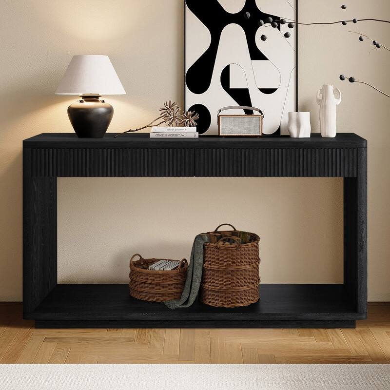 Modern 60-Inch Fluted Console Table with 2 Drawers for Living Room and Hallway Furniture Storage - Black