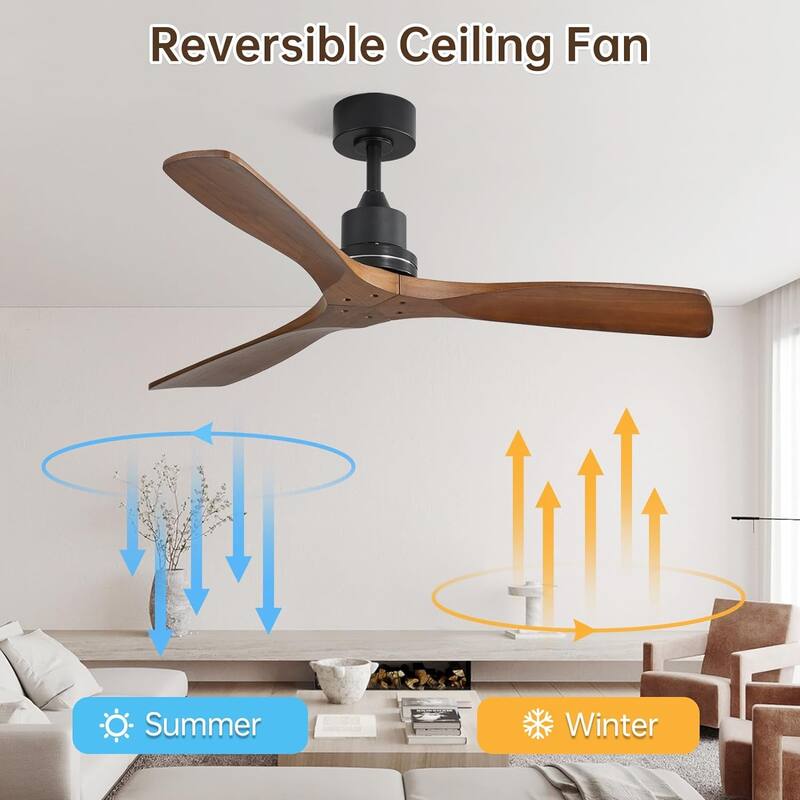 52''/60" Large Ceiling Fan without Lights, Remote Control and Reversible Motor Included, 3 Wood Blades