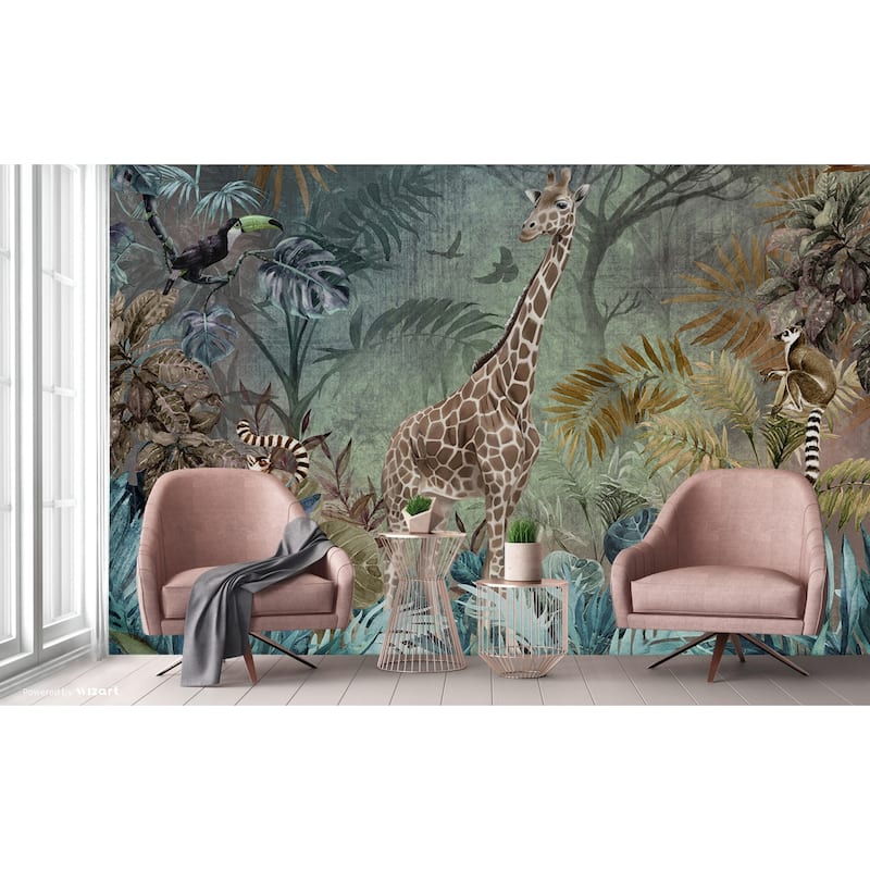Enchanting Safari Wallpaper Mural Giraffe and Lemurs