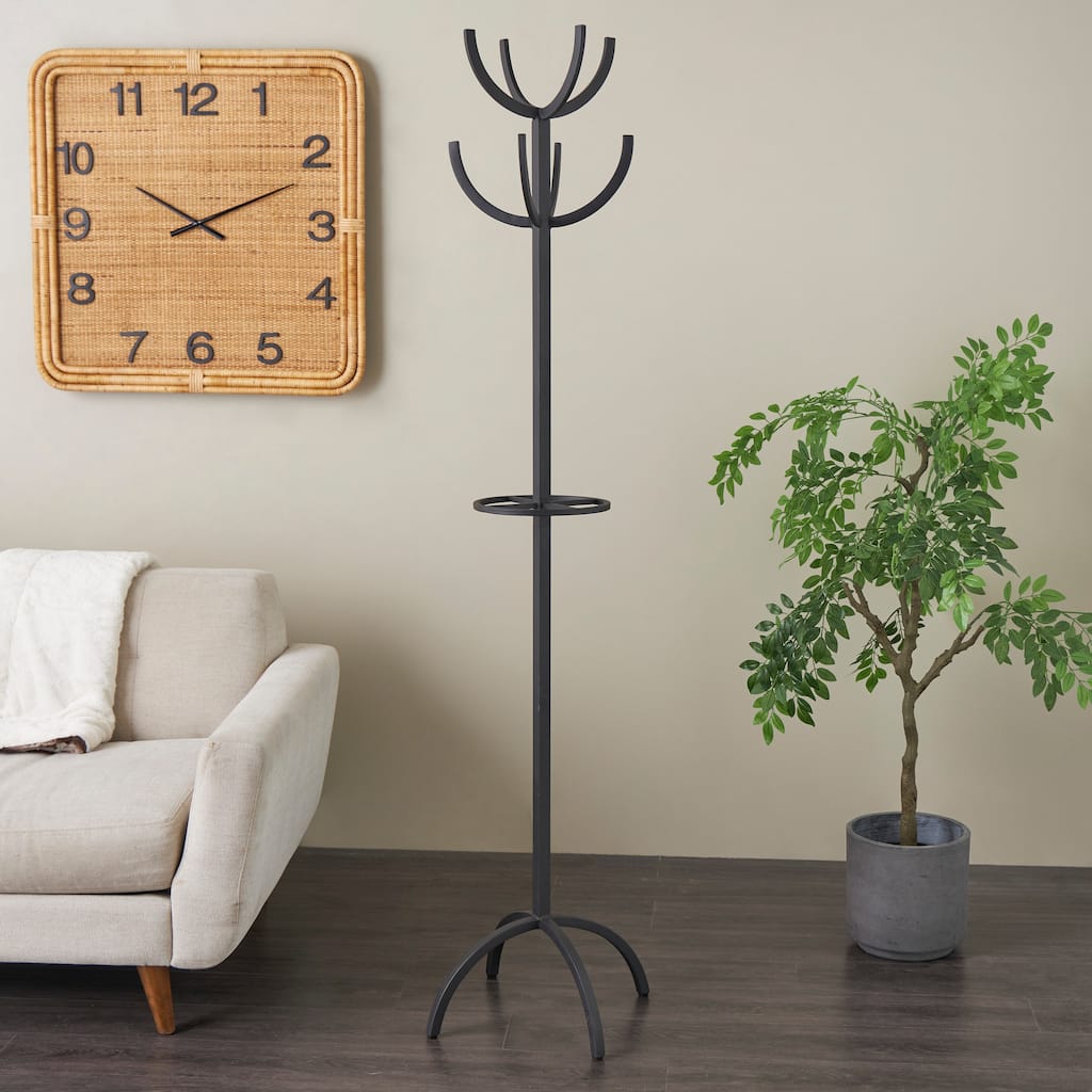 Black Metal 8 Hook Coat Rack with Ached Legs and Circular Center Storage