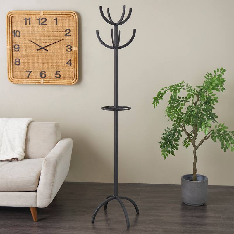 Black Metal 8 Hook Coat Rack with Ached Legs and Circular Center Storage - Black