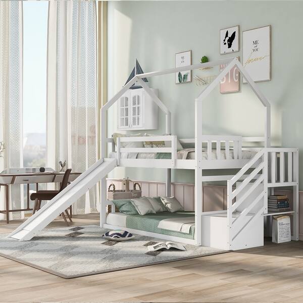 slide 2 of 8, Twin Over Twin House Bunk Bed w/Convertible Slide & Storage Staircase White - Twin