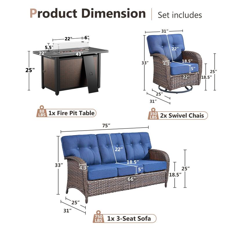 Pocassy Outdoor 43 In Fire Table with Sofa Swivel Chair Set