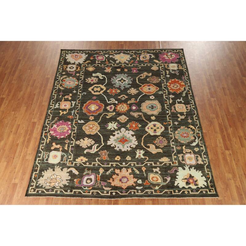 Hand Knotted Oriental 100% Wool Carpet Transitional All-Over Brown Oushak Area Rug - 9' 9'' X 8' 1''