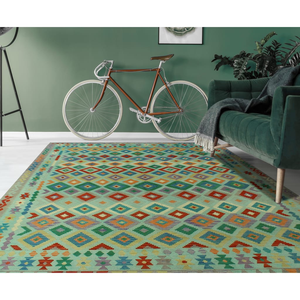 Hand-Woven Sangat Kilim Cengiz Lt. Green/Burgundy Rug - 8'7" x 11'2"