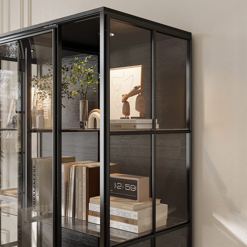 Modern Glass Curio Display Cabinet 4 Tier Display Case With lights & Doors