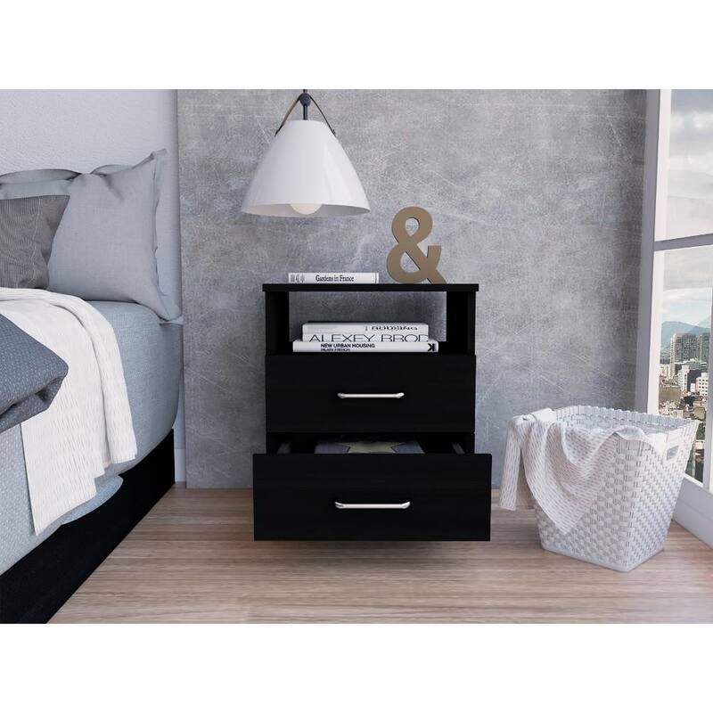 Black Nightstand with Two Drawers and One Shelf, 19.9\