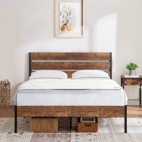VECELO Industrial Wood Bed Frame with Headboard,Queen Size Platform Beds
