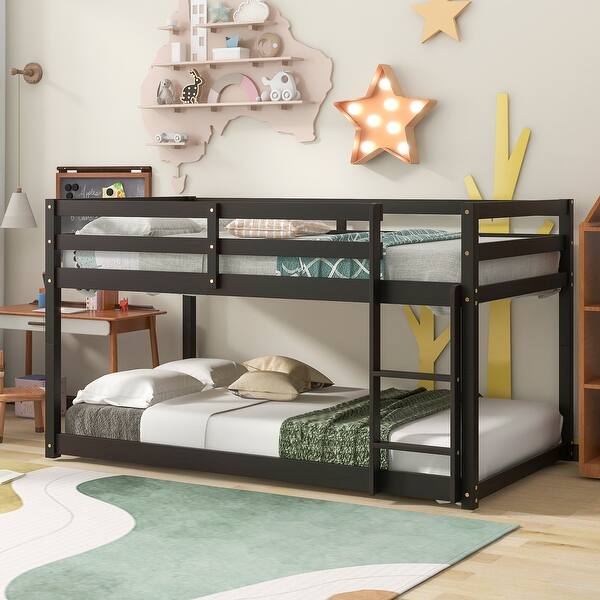 slide 2 of 5, Espresso Twin over Twin Size Wood Floor Bunk Bed with Ladder and Fence for Bedroom Espresso