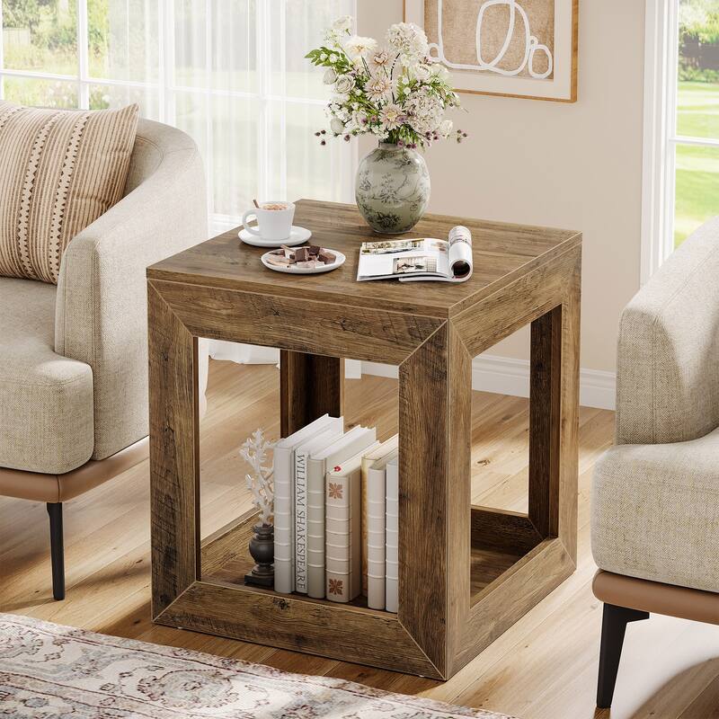 2-Tier Farmhouse End Table with Open Shelf, Wooden Accent Table for Living Room - 1-Piece
