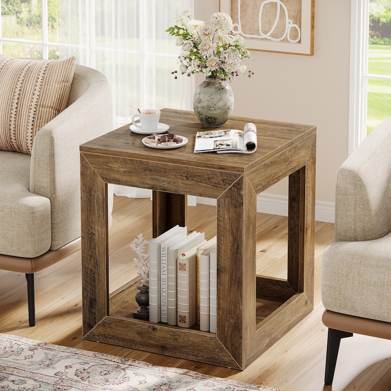 2-Tier Wooden Square End Table for Living Room, Bedroom, Farmhouse Style